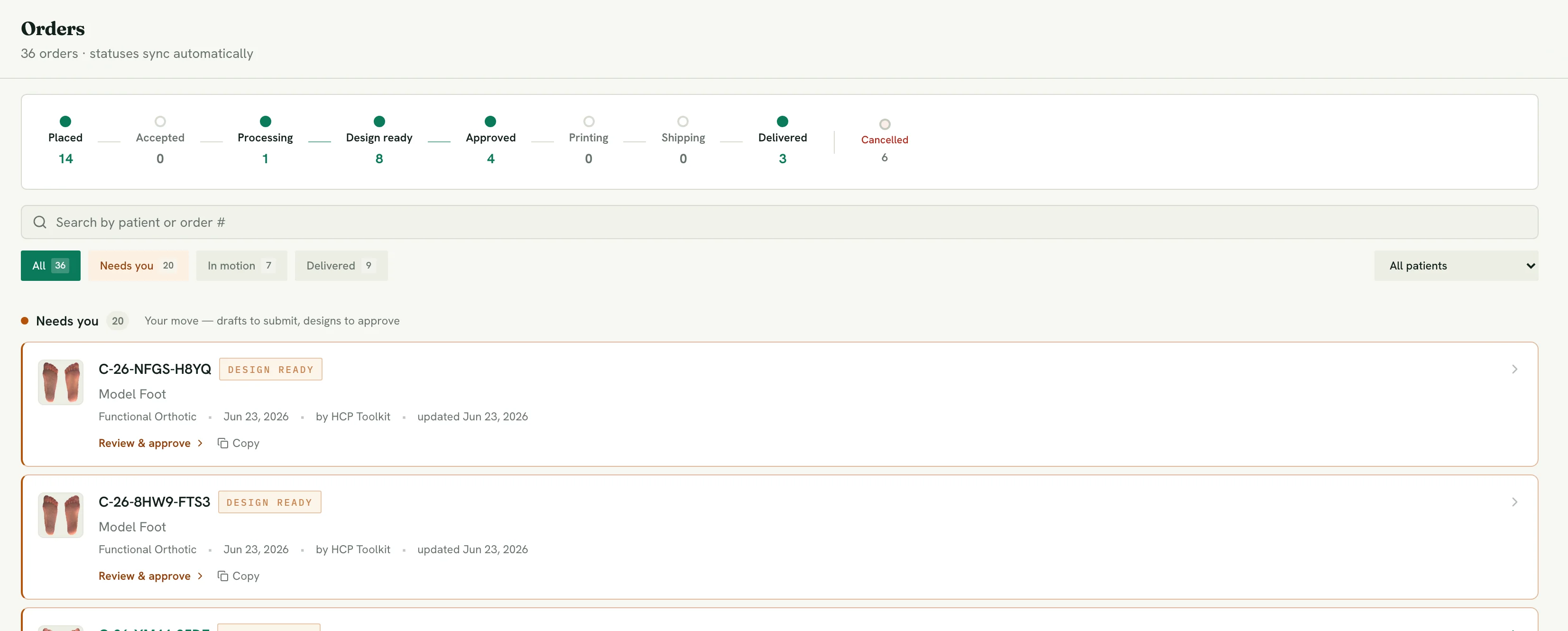 Connect orders view with the status pipeline from Placed to Delivered and orders awaiting design approval