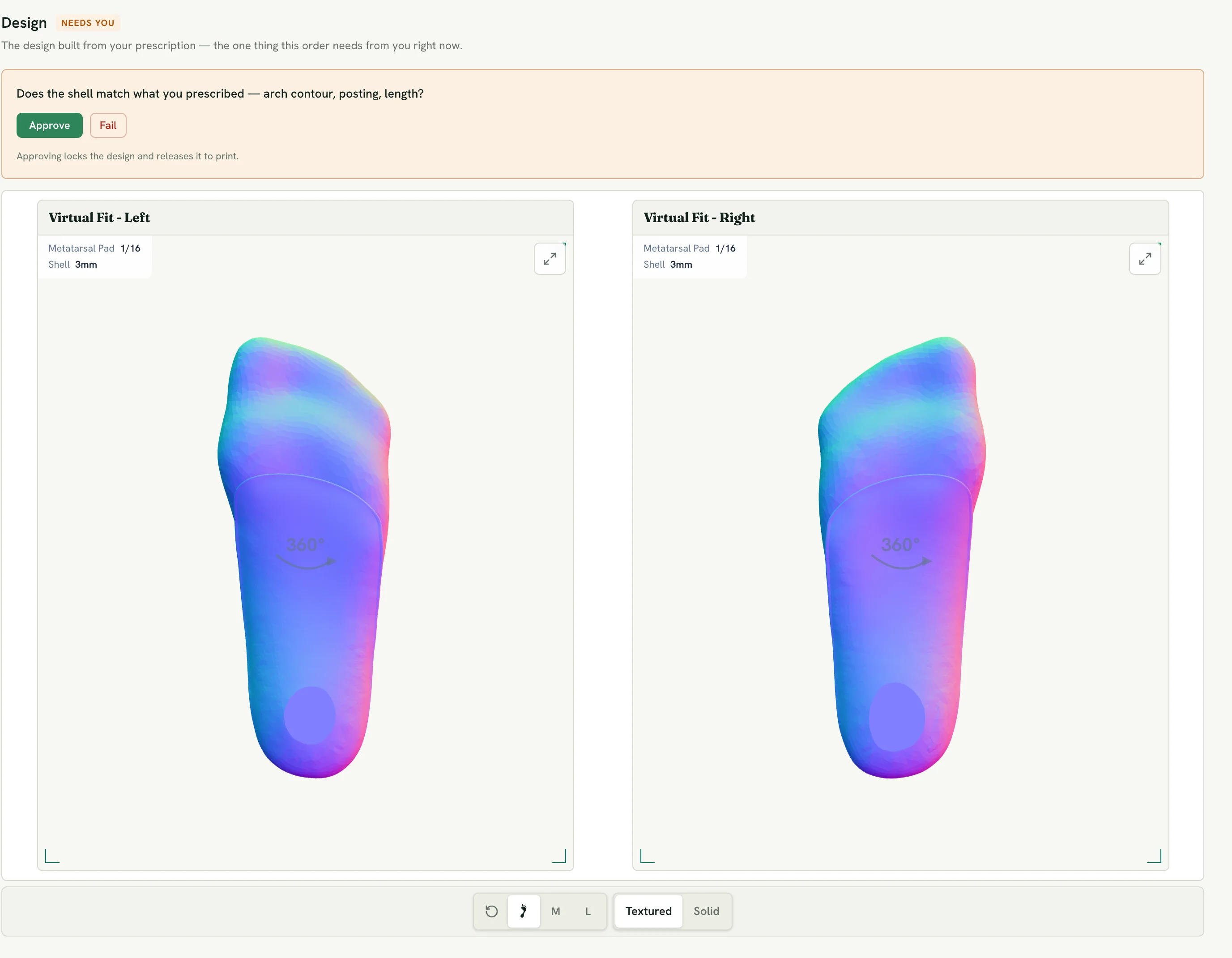 Connect order page showing Virtual Fit panels for left and right feet with Approve and Fail buttons